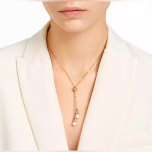Swarovski Rose Gold Lariat Necklace with White Pearls
